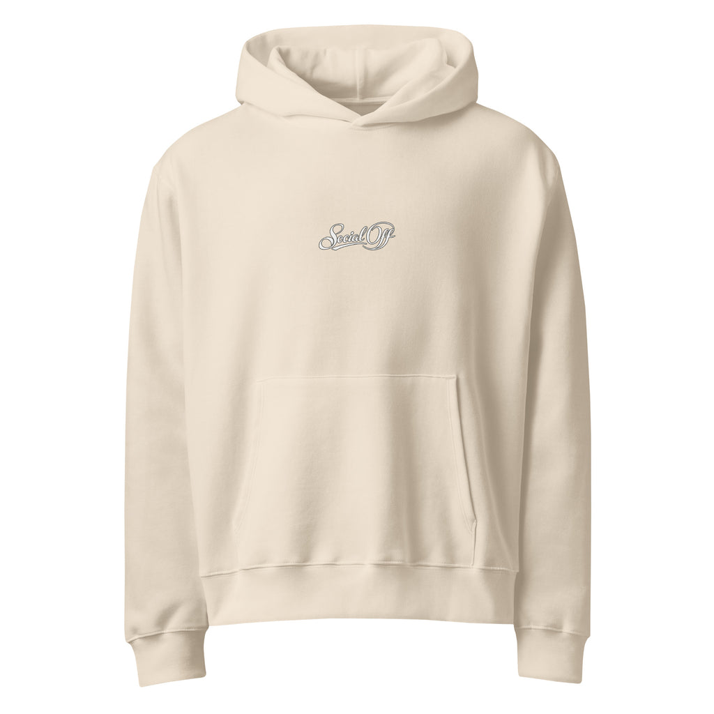 Oversized streetwear hoodie in dust with minimal Social Off chest logo, front view