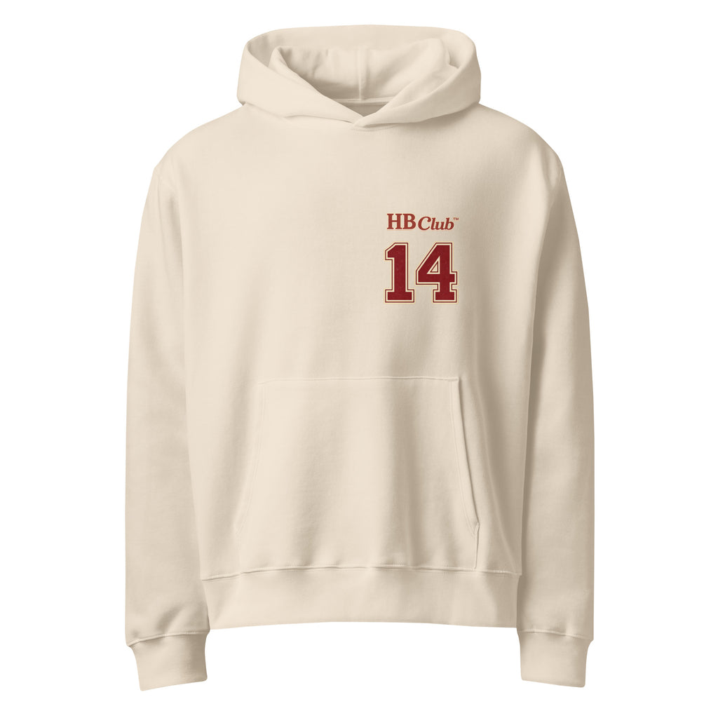 Beige Heartbreaker Club 14 hoodie with small HB Club 14 varsity print on front chest.