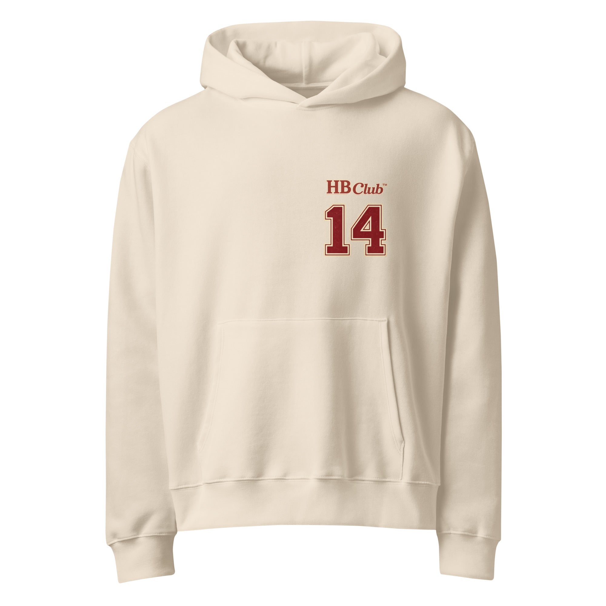 Beige Heartbreaker Club 14 hoodie with small HB Club 14 varsity print on front chest.