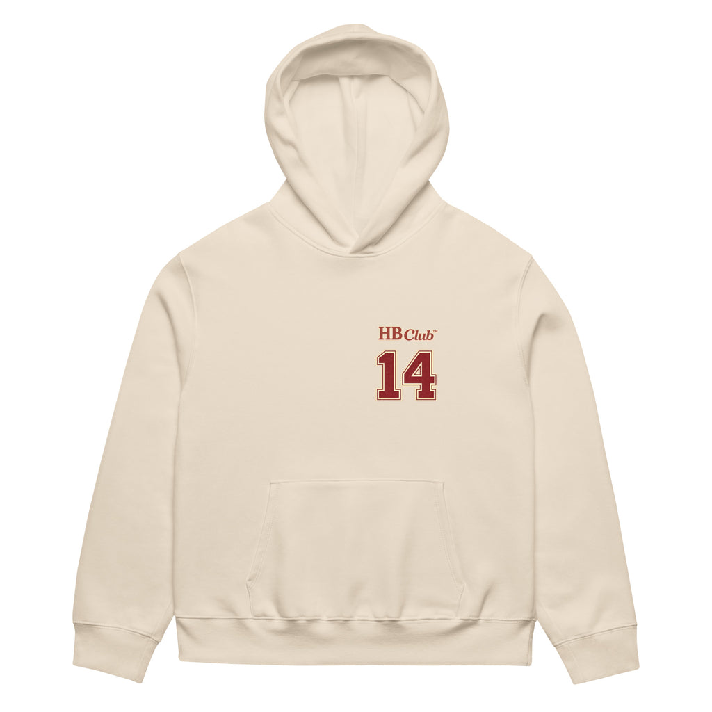 Beige Heartbreaker Club 14 hoodie with small HB Club 14 varsity print on front chest.