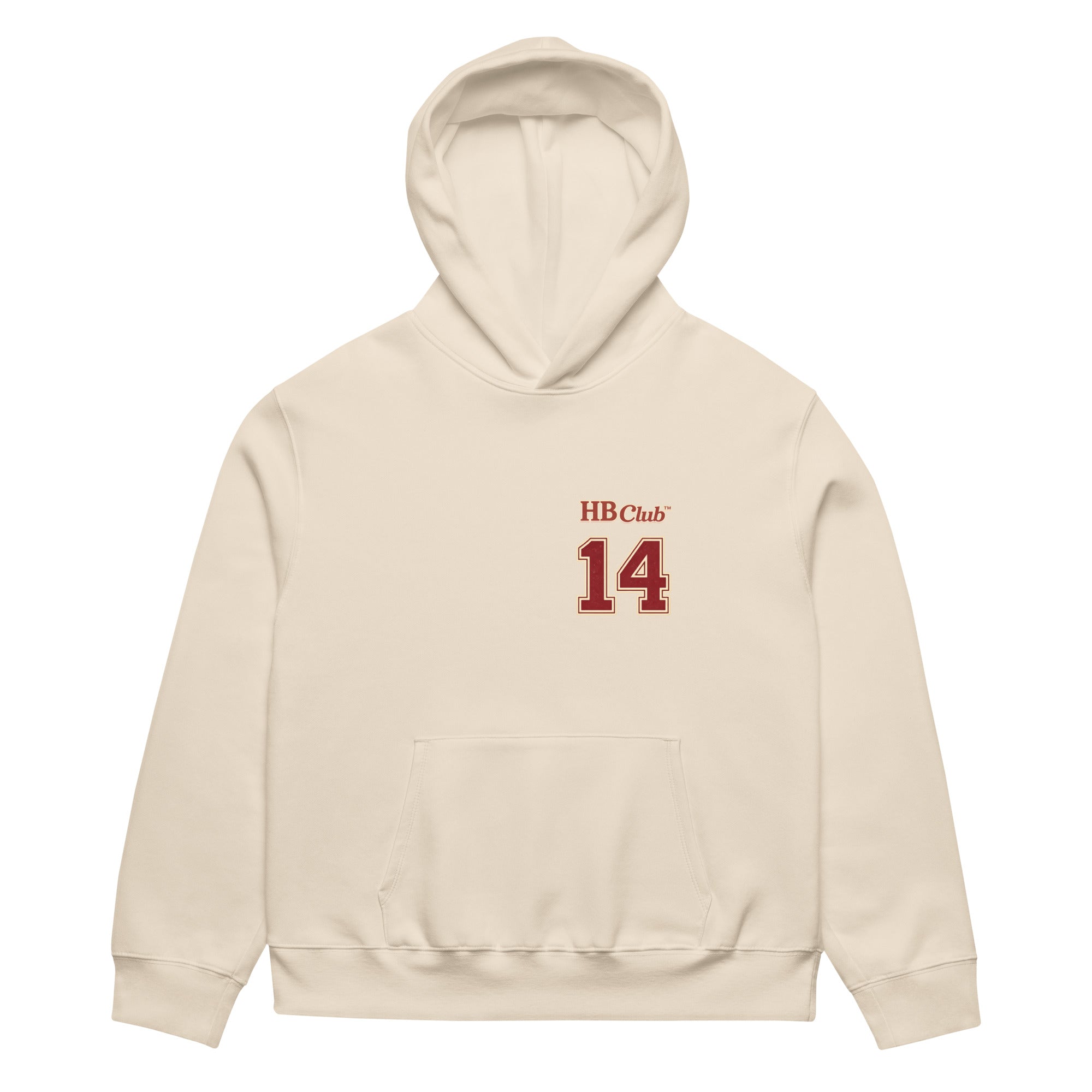 Beige Heartbreaker Club 14 hoodie with small HB Club 14 varsity print on front chest.