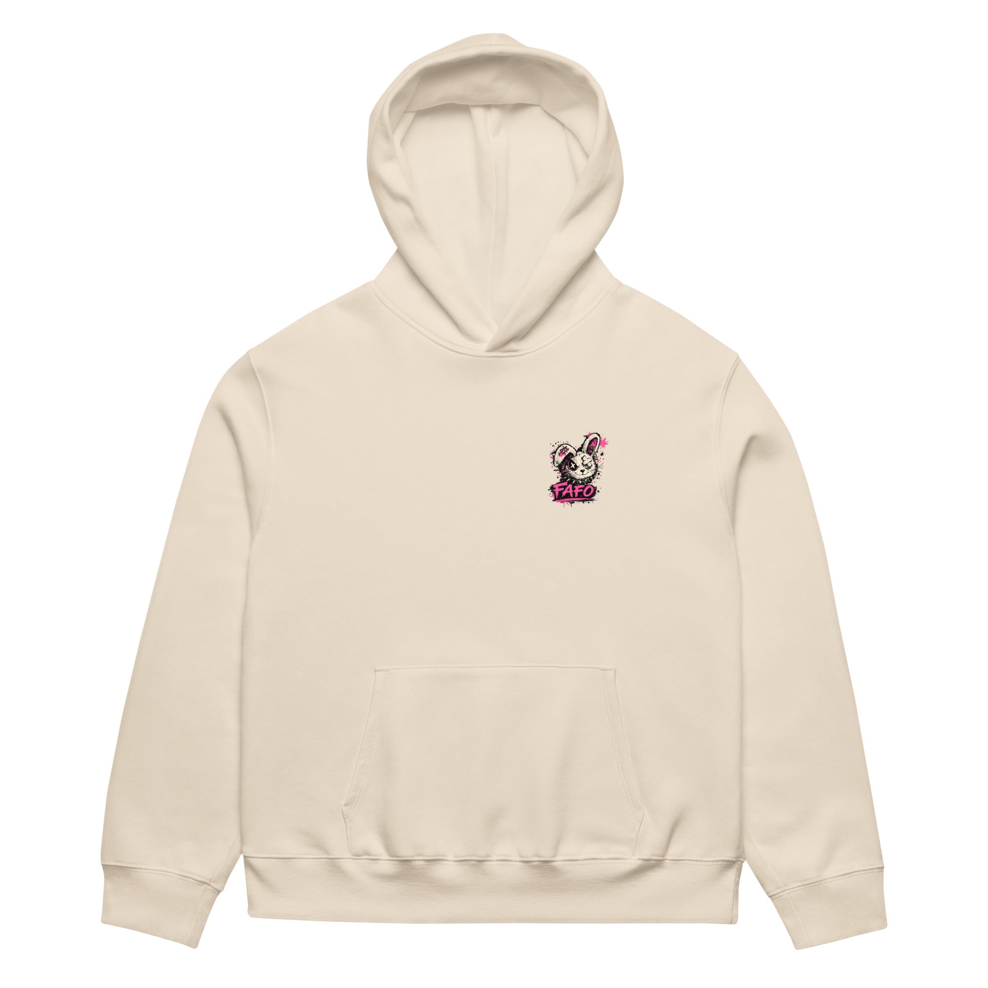 front view oversized beige graphic streetwear hoodie minimal chest logo streetwear fashion