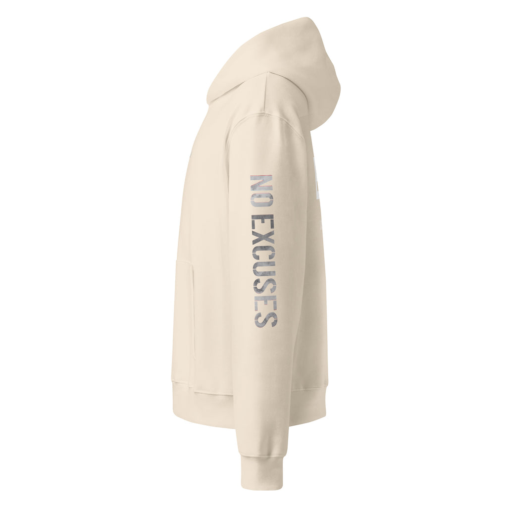 Beige hoodie with vertical sleeve typography, side view – premium streetwear style by Noiré.