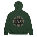 unisex streetwear hoodie back view with “Coffee & Cigarettes Midnight Club” circular graphic print
