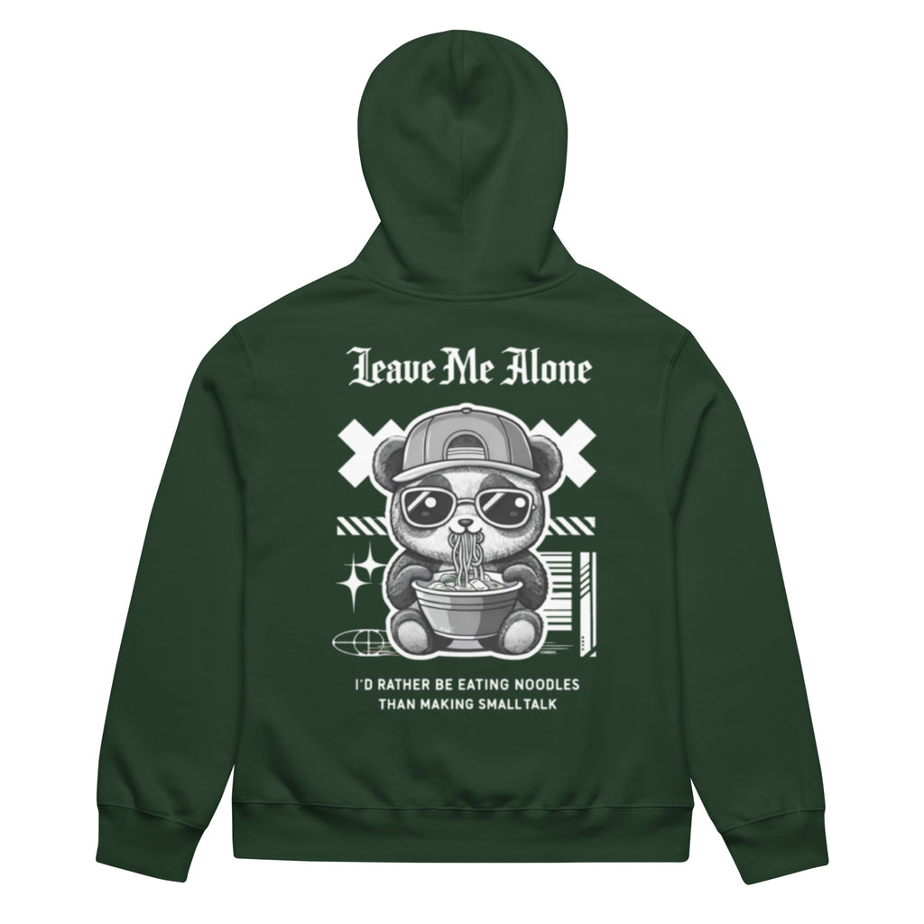 Forest oversized streetwear hoodie with panda eating noodles graphic and “Leave Me Alone – I’d rather be eating noodles than making small talk” back print, unisex casual sweatshirt