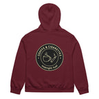 unisex streetwear hoodie back view with “Coffee & Cigarettes Midnight Club” circular graphic print
