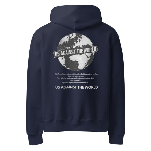 Navy blue hoodie with “Us Against the World” globe graphic on back, unisex streetwear hoodie