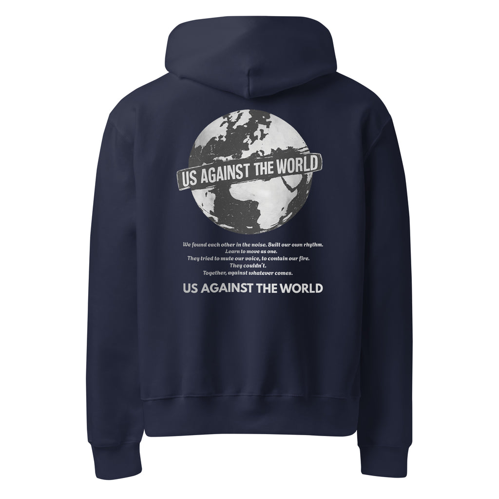 Navy blue hoodie with “Us Against the World” globe graphic on back, unisex streetwear hoodie