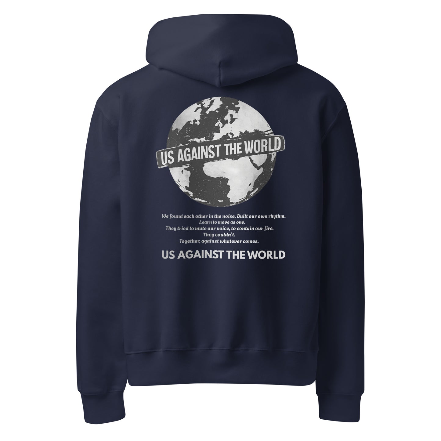 Navy blue hoodie with “Us Against the World” globe graphic on back, unisex streetwear hoodie