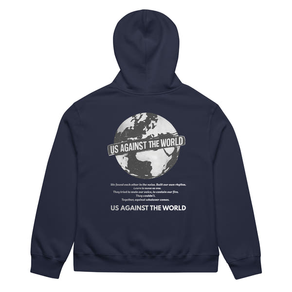 Navy blue hoodie with “Us Against the World” globe graphic on back, unisex streetwear hoodie