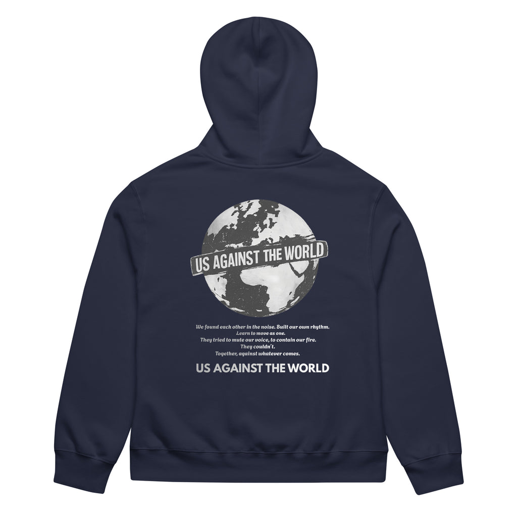 Navy blue hoodie with “Us Against the World” globe graphic on back, unisex streetwear hoodie