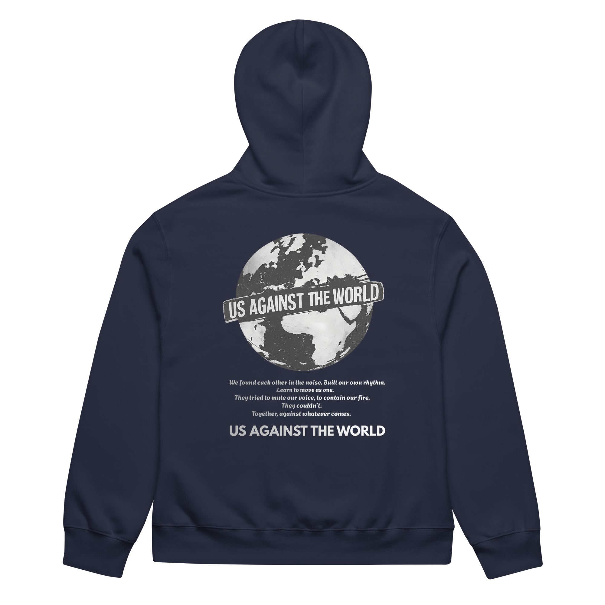 Navy blue hoodie with “Us Against the World” globe graphic on back, unisex streetwear hoodie