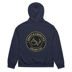 unisex streetwear hoodie back view with “Coffee & Cigarettes Midnight Club” circular graphic print
