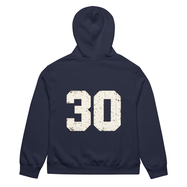 unisex streetwear hoodie back view with varsity number 30 print
