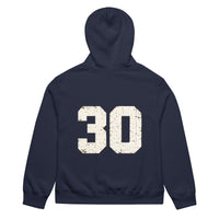 unisex streetwear hoodie back view with varsity number 30 print
