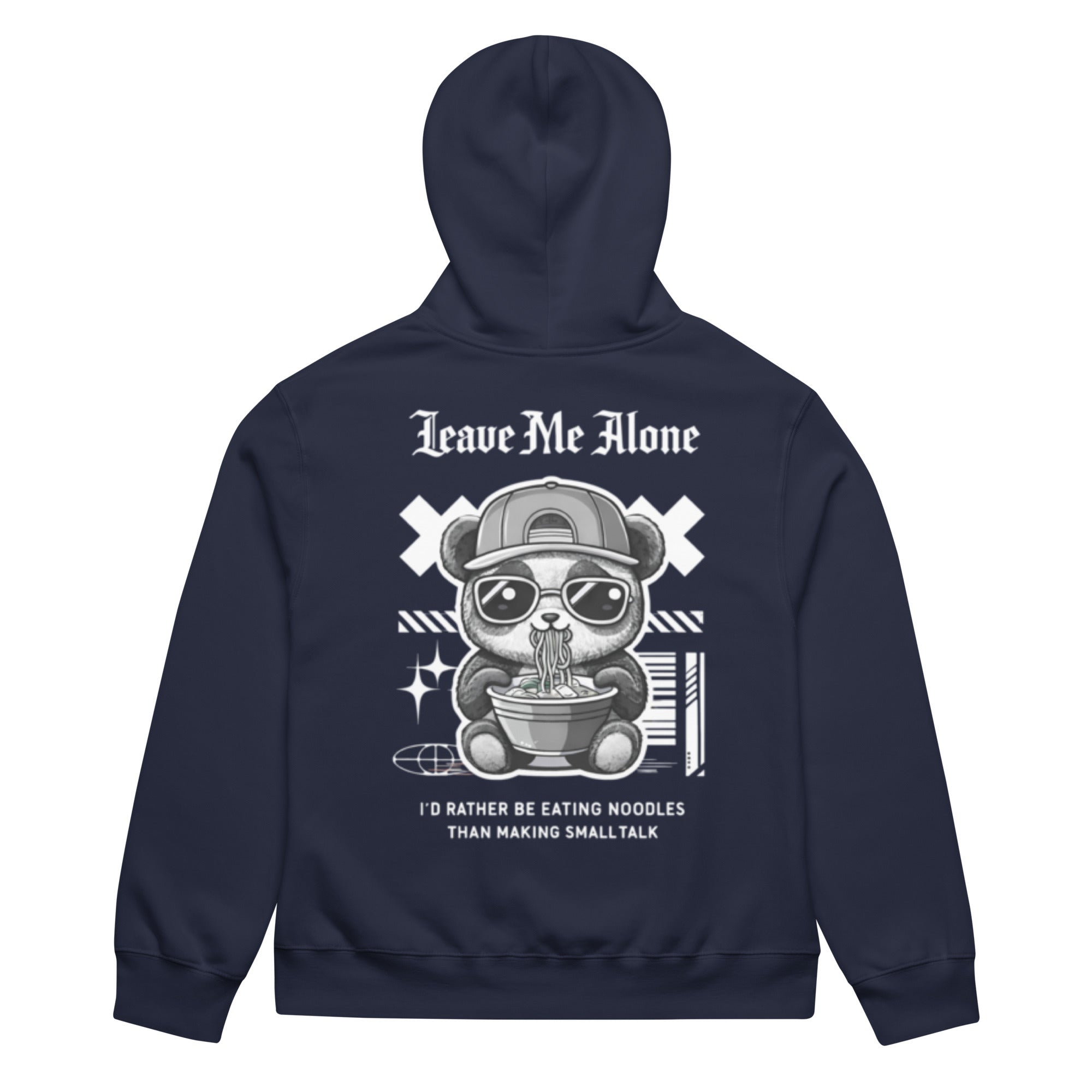 Navy oversized streetwear hoodie with panda eating noodles graphic and “Leave Me Alone – I’d rather be eating noodles than making small talk” back print, unisex casual sweatshirt