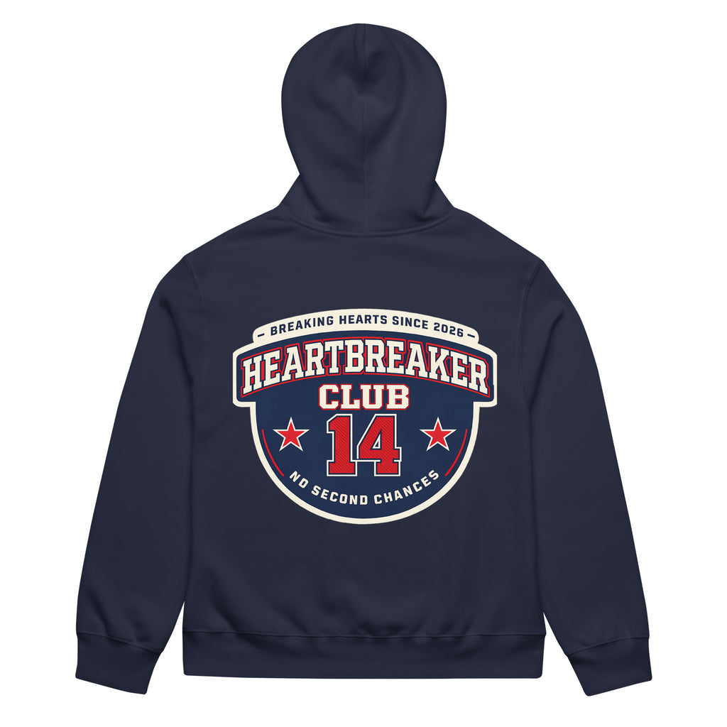 Navy hoodie back view featuring large “Heartbreaker Club 14” varsity emblem with red stars and text “Breaking Hearts Since 2026 – No Second Chances”