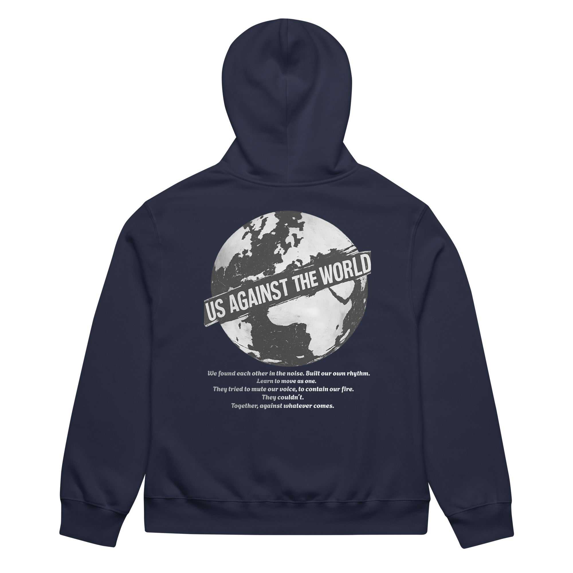 Back view oversized navy graphic streetwear hoodie world tour graphic streetwear fashion