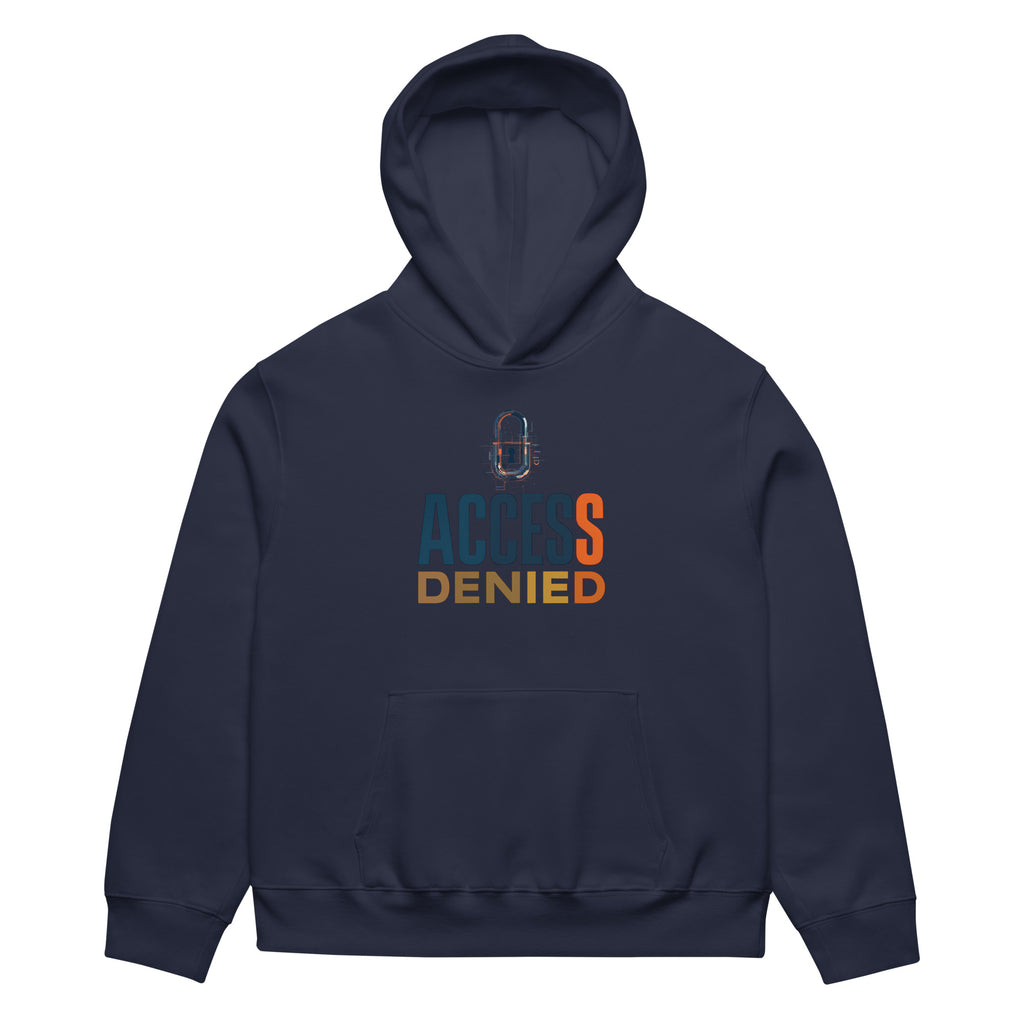 Navy oversized graphic hoodie front view with Access Denied typography