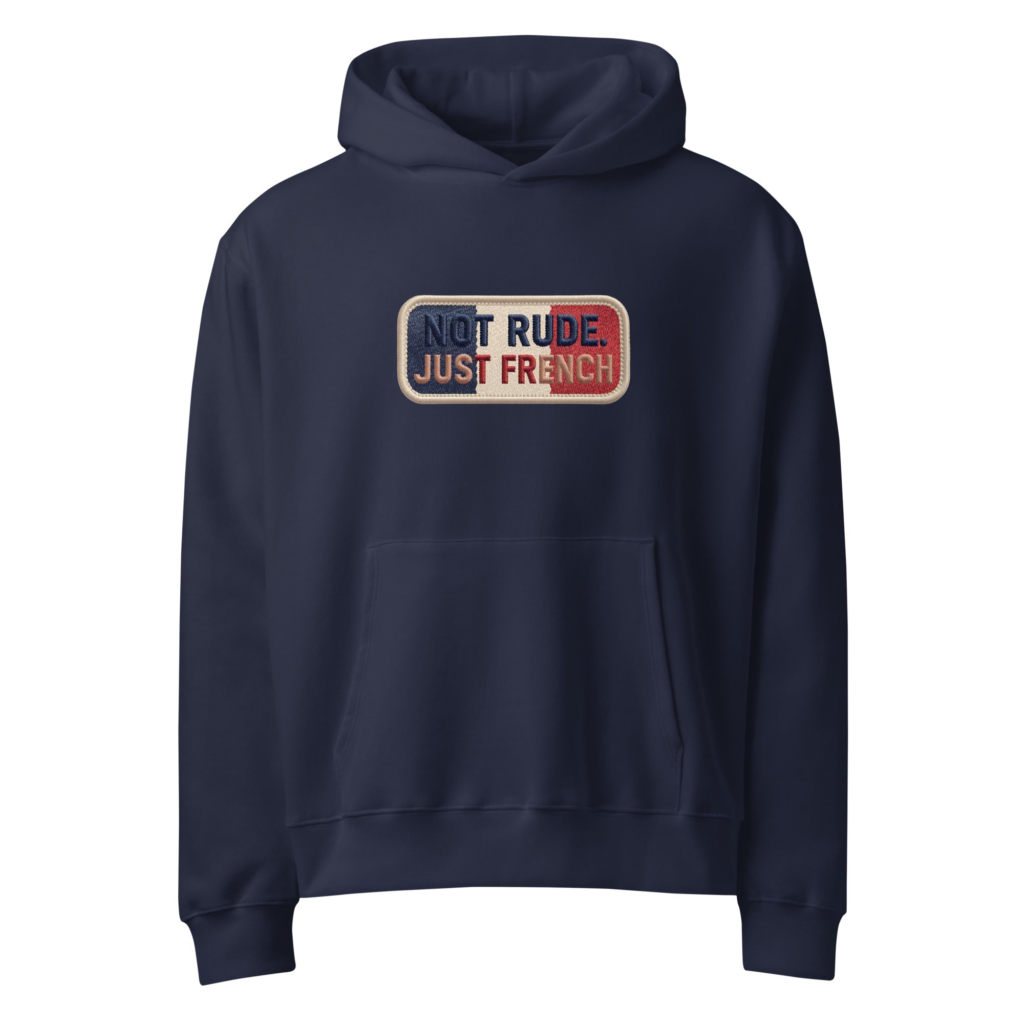 Navy oversized hoodie with “Not Rude Just French” statement patch, front view