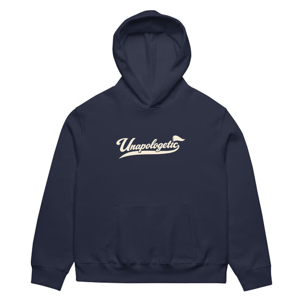 unisex streetwear hoodie front view with Unapologetic script logo
