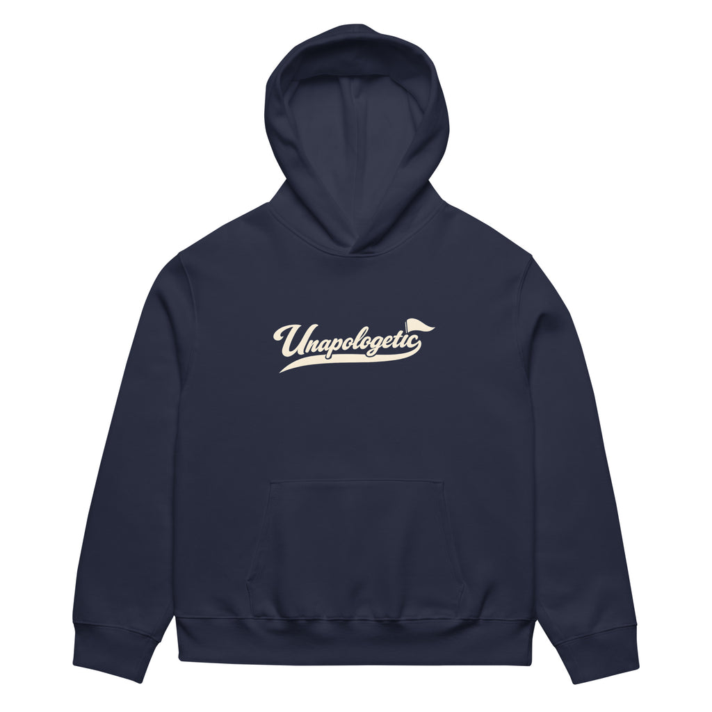 unisex streetwear hoodie front view with Unapologetic script logo
