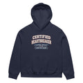 Navy hoodie front view with “Certified Heartbreaker” varsity-style graphic and “Love Is a Game” slogan in red and navy collegiate typography.