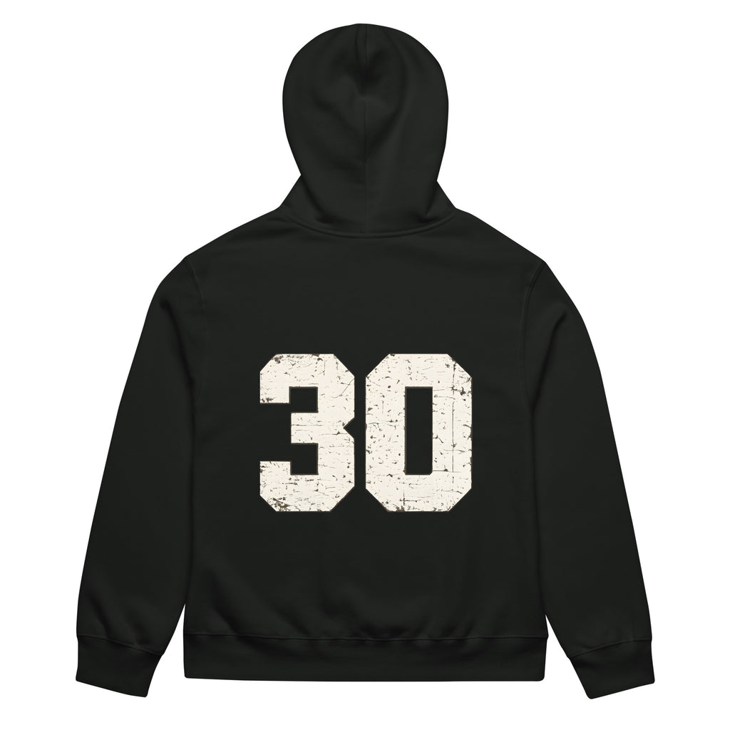 unisex streetwear hoodie back view with varsity number 30 print
