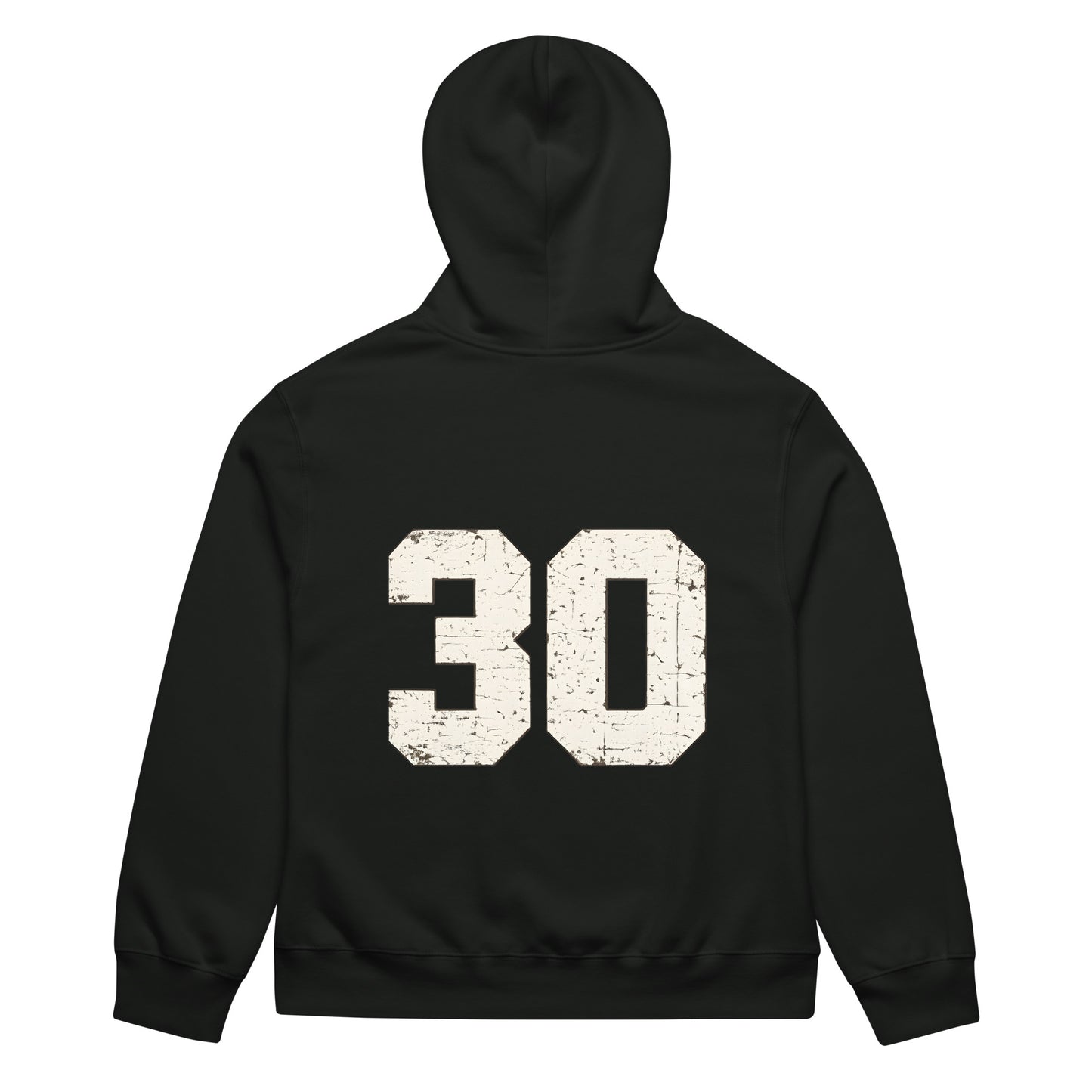 unisex streetwear hoodie back view with varsity number 30 print
