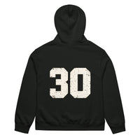 unisex streetwear hoodie back view with varsity number 30 print
