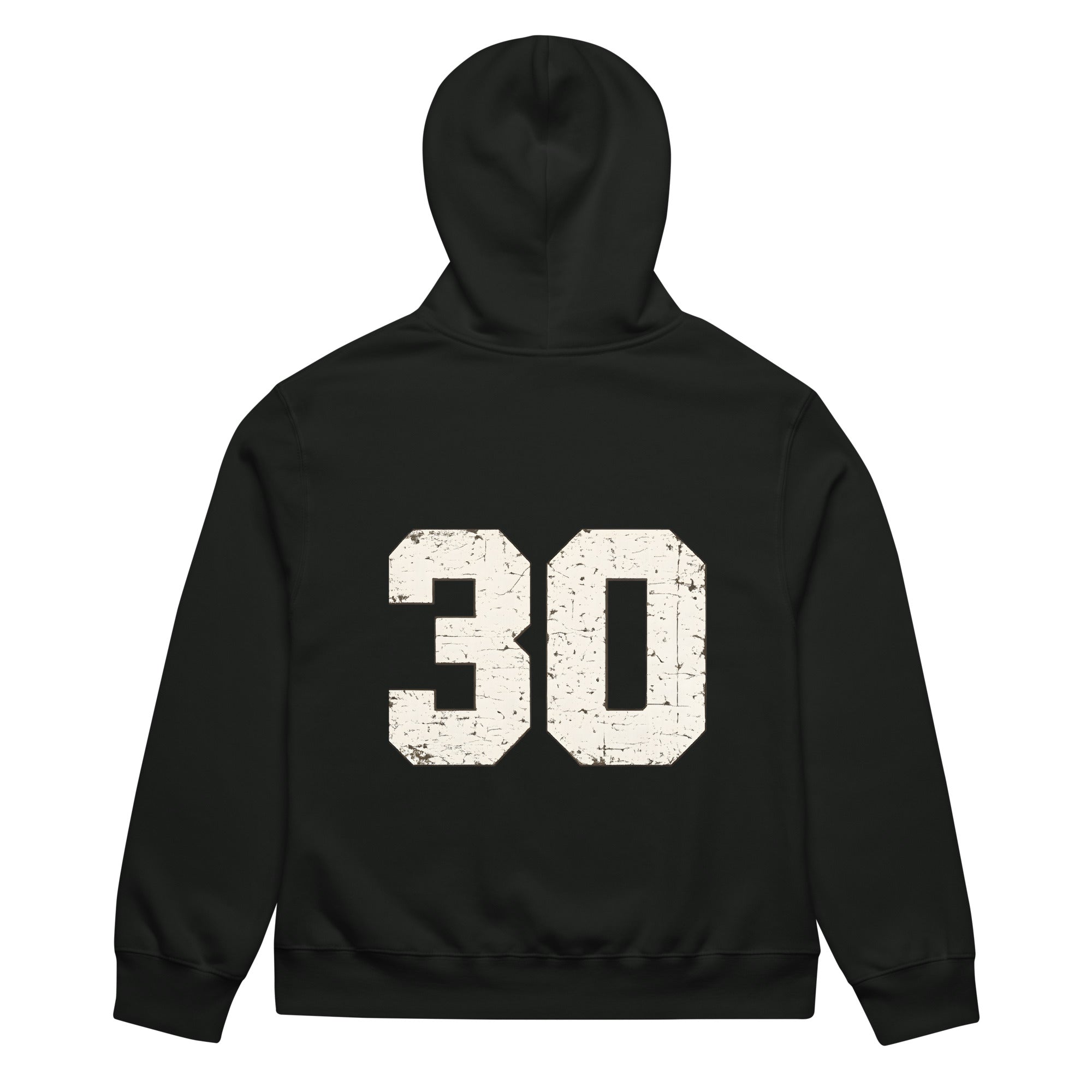unisex streetwear hoodie back view with varsity number 30 print
