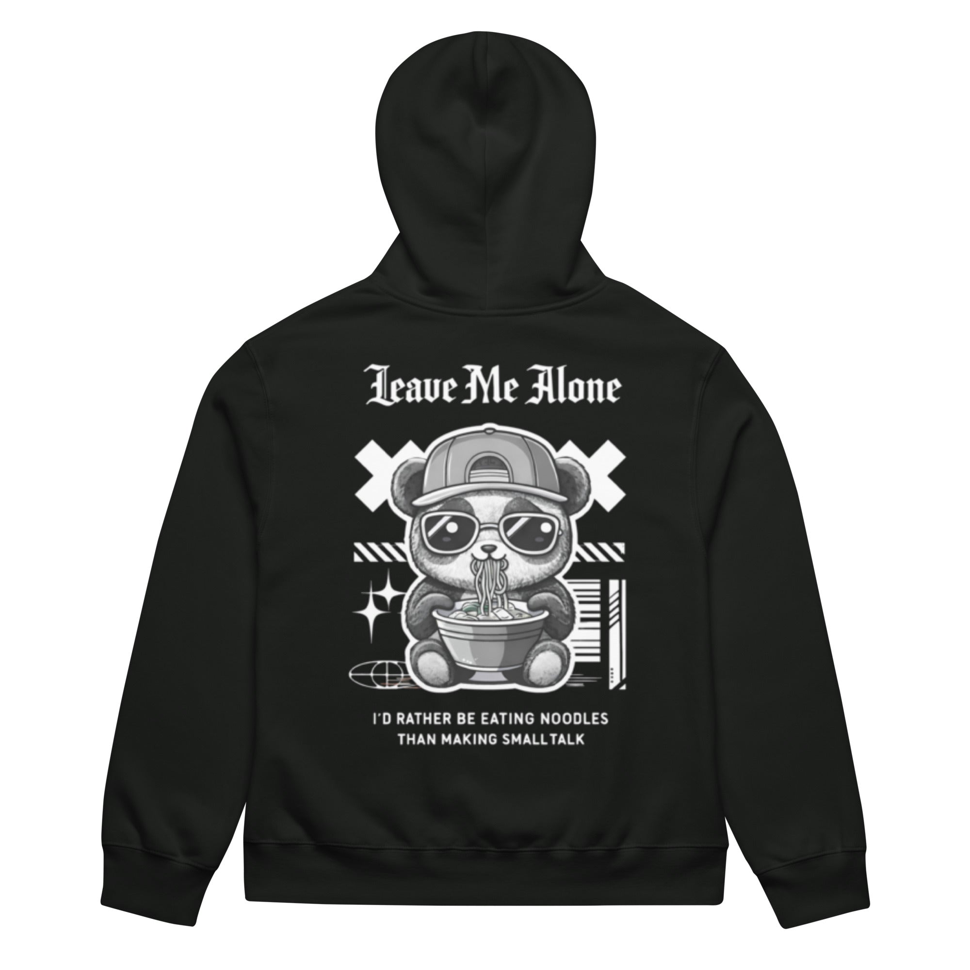 Vintage black oversized streetwear hoodie with panda eating noodles graphic and “Leave Me Alone – I’d rather be eating noodles than making small talk” back print, unisex casual sweatshirt