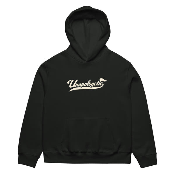 unisex streetwear hoodie front view with Unapologetic script logo
