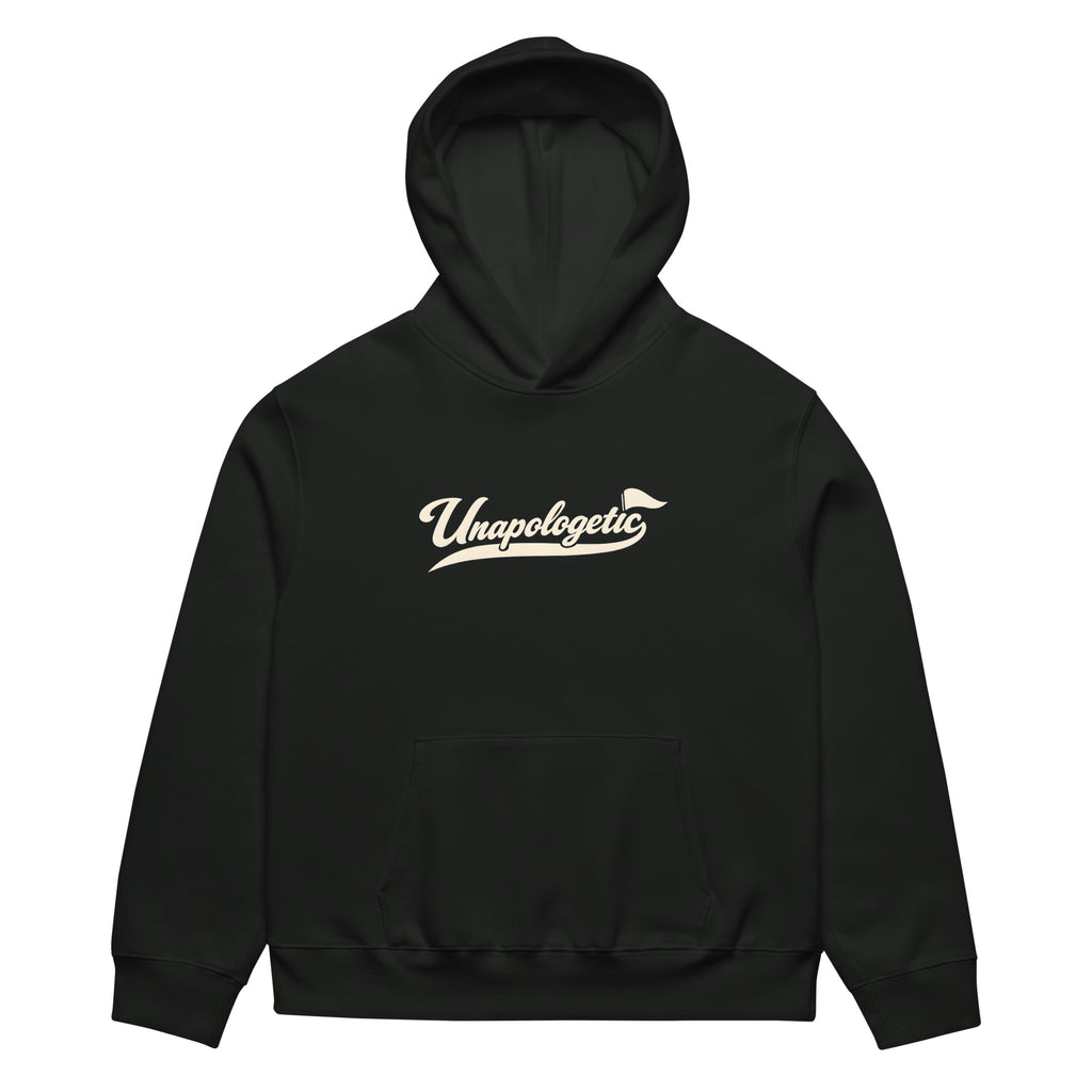 unisex streetwear hoodie front view with Unapologetic script logo

