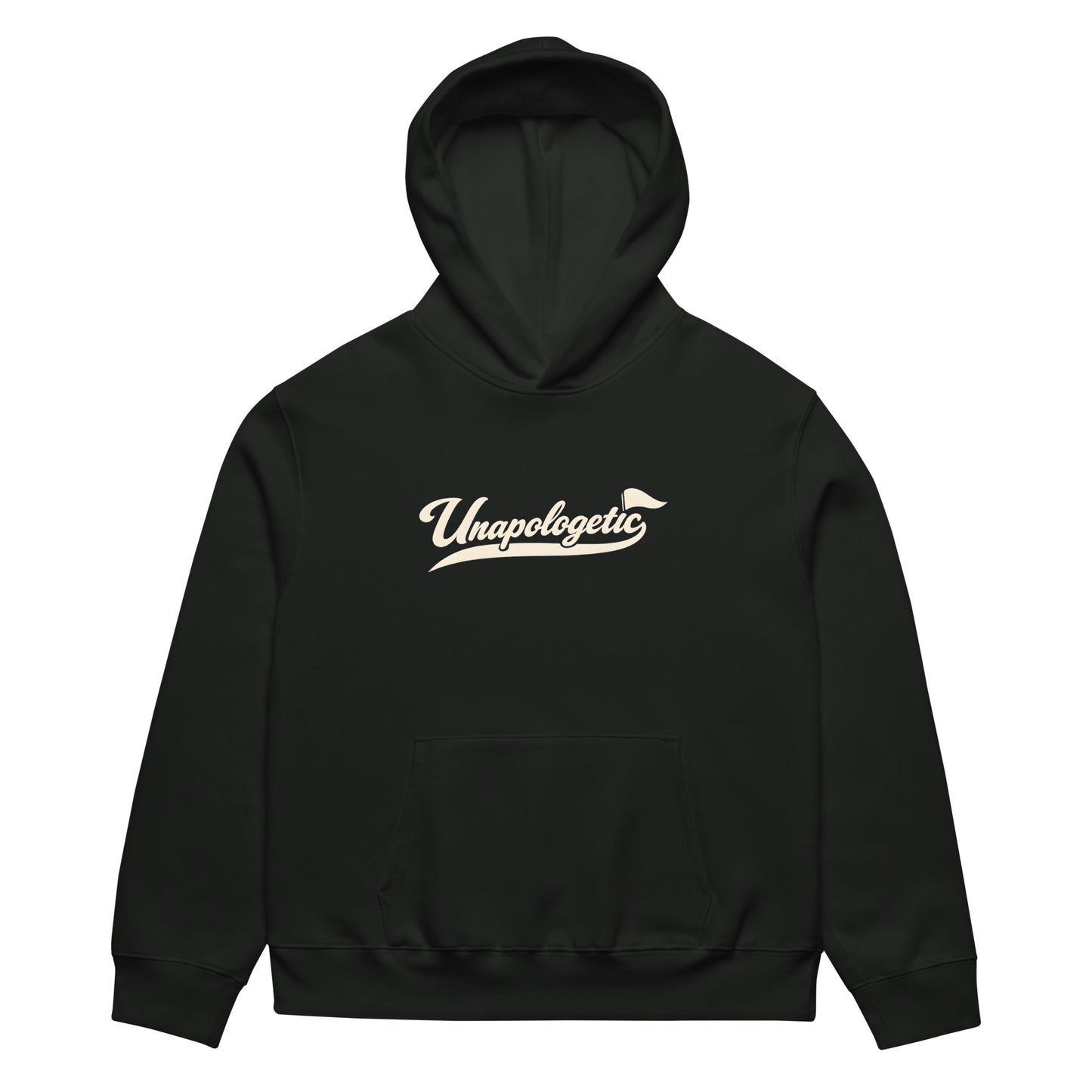 unisex streetwear hoodie front view with Unapologetic script logo
