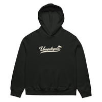 unisex streetwear hoodie front view with Unapologetic script logo
