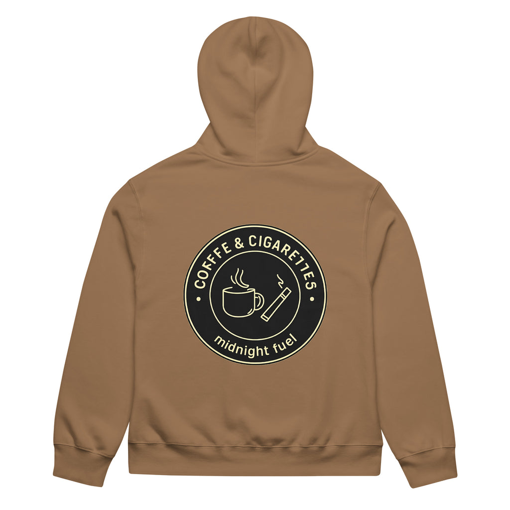 unisex streetwear hoodie back view with “Coffee & Cigarettes Midnight Club” circular graphic print

