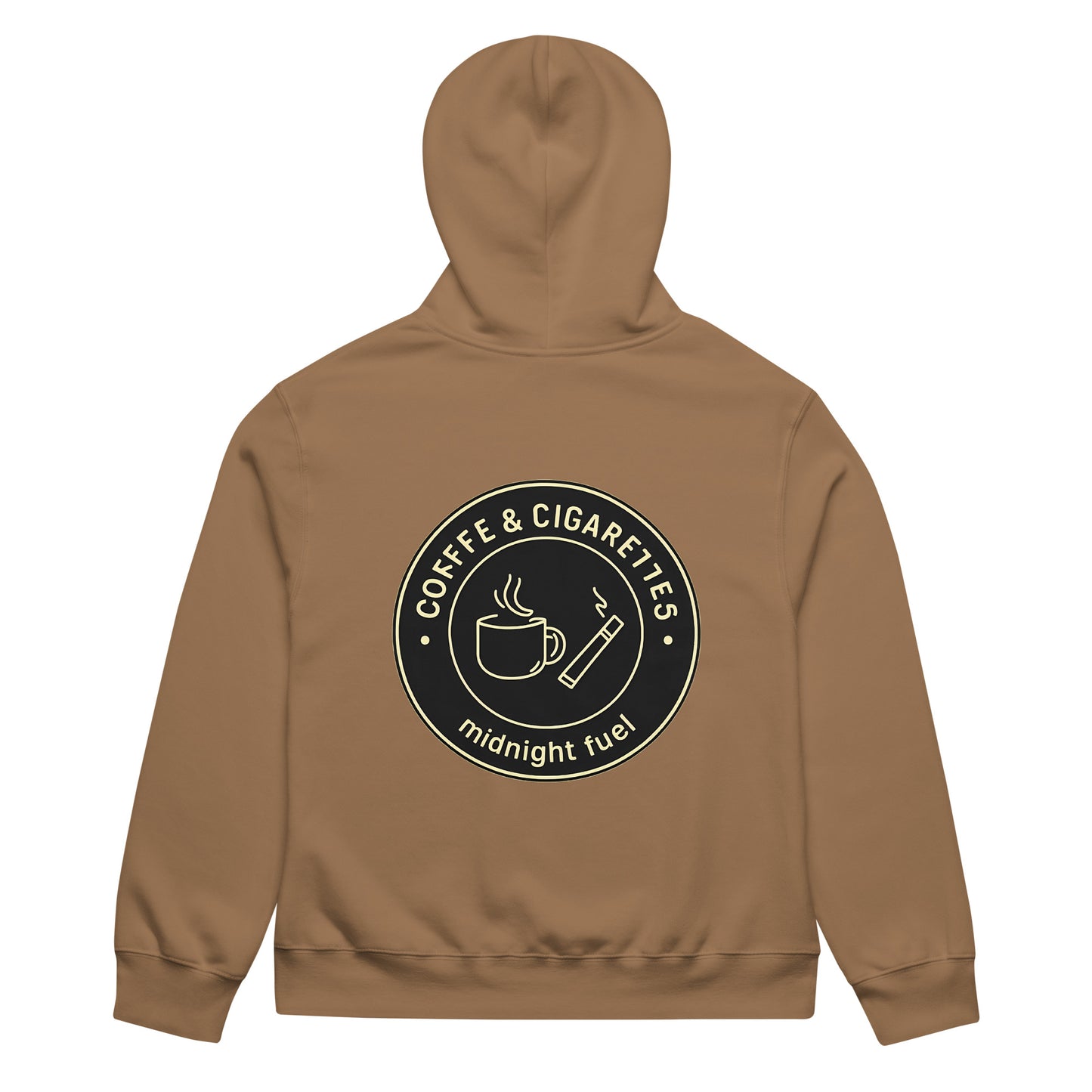 unisex streetwear hoodie back view with “Coffee & Cigarettes Midnight Club” circular graphic print
