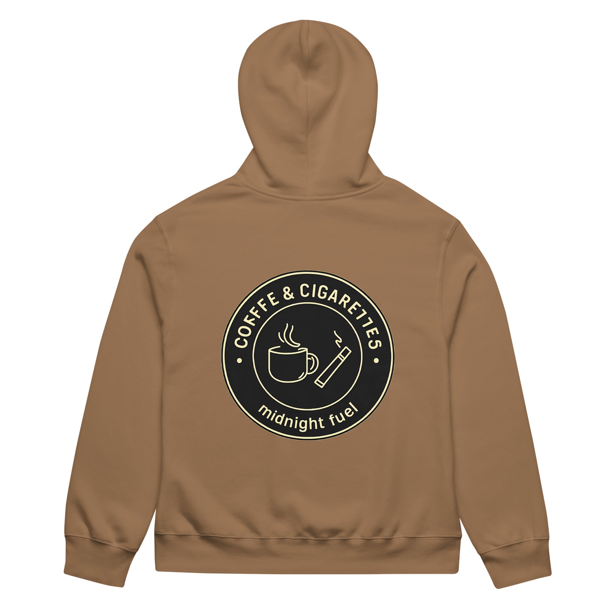 unisex streetwear hoodie back view with “Coffee & Cigarettes Midnight Club” circular graphic print
