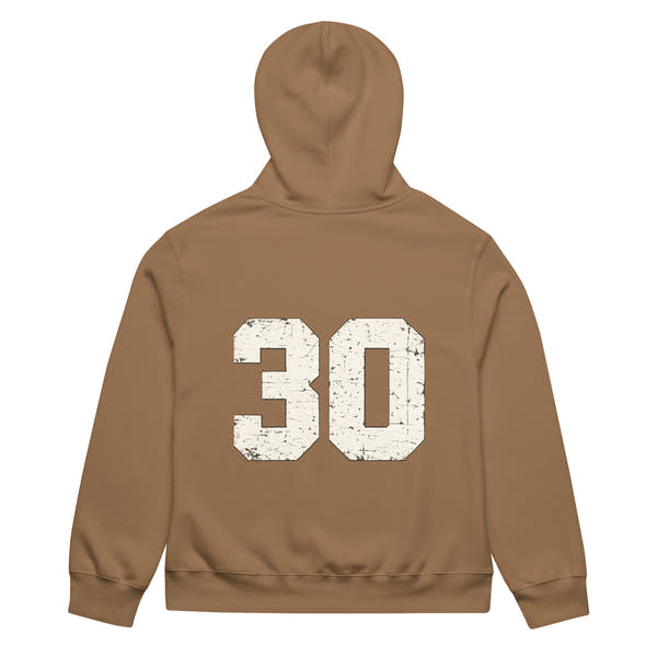 unisex streetwear hoodie back view with varsity number 30 print
