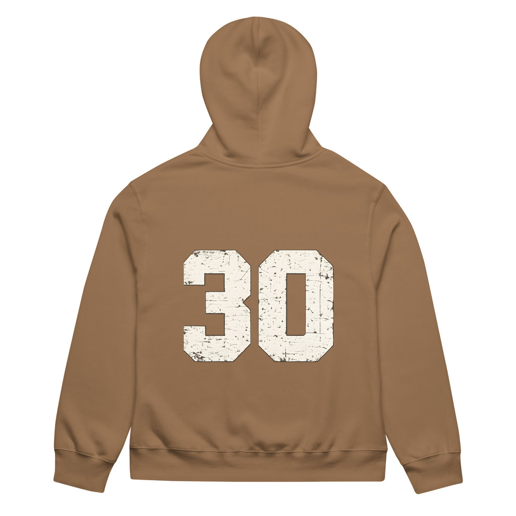 unisex streetwear hoodie back view with varsity number 30 print
