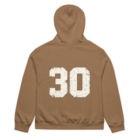 unisex streetwear hoodie back view with varsity number 30 print
