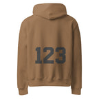 Brown Noiré hoodie featuring large “123” number design on the back, back view, studio mockup.
