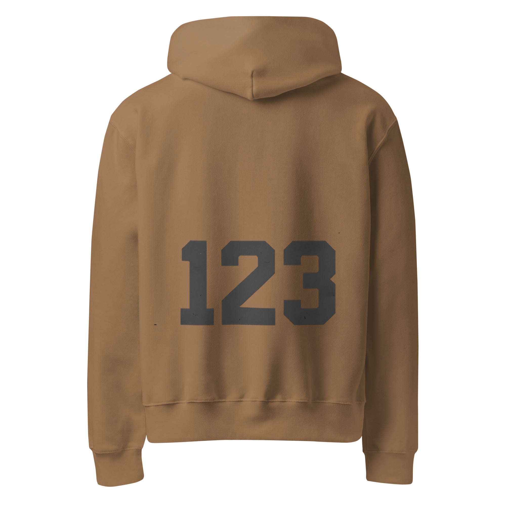 Brown Noiré hoodie featuring large “123” number design on the back, back view, studio mockup.