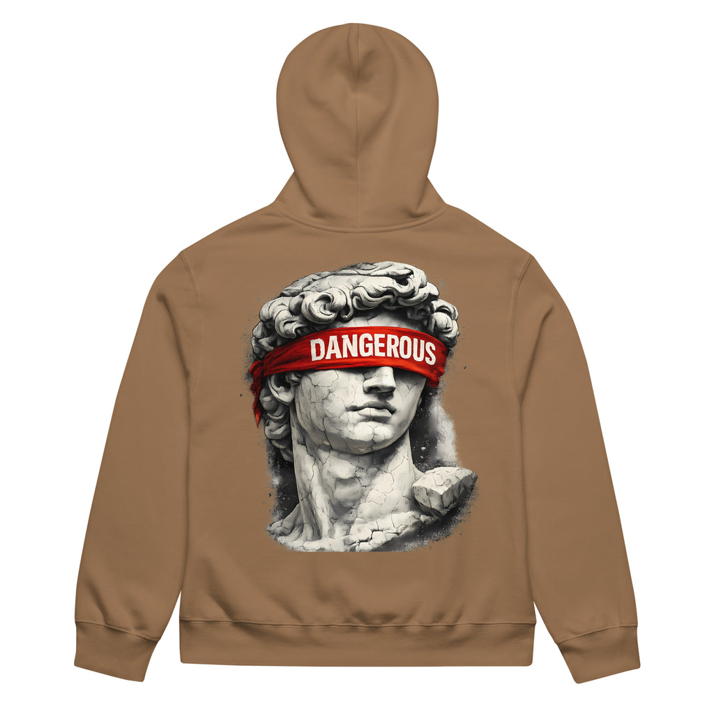 Brown oversized hoodie back view with large statue portrait graphic and bold graphic print
