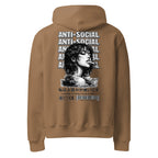Oversized streetwear hoodie in vintage brown with anti social graphic portrait print and typography design, back view