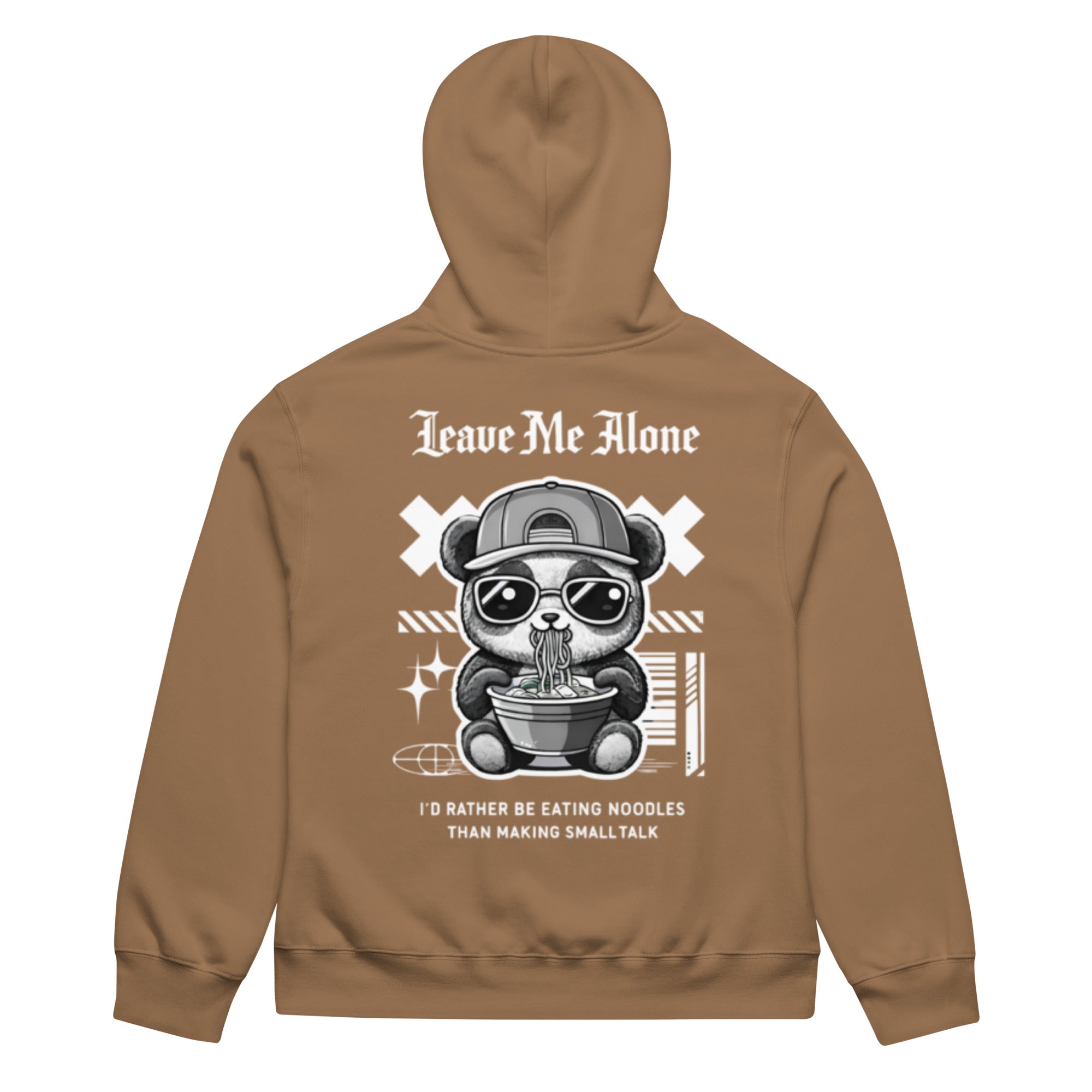 Vintage brown oversized streetwear hoodie with panda eating noodles graphic and “Leave Me Alone – I’d rather be eating noodles than making small talk” back print, unisex casual sweatshirt