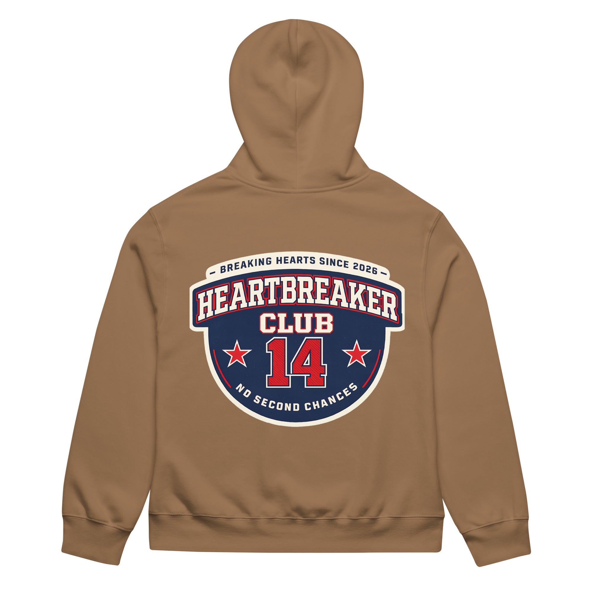 Vintage brown hoodie back view featuring large “Heartbreaker Club 14” varsity emblem with red stars and text “Breaking Hearts Since 2026 – No Second Chances” in red, navy, and cream.