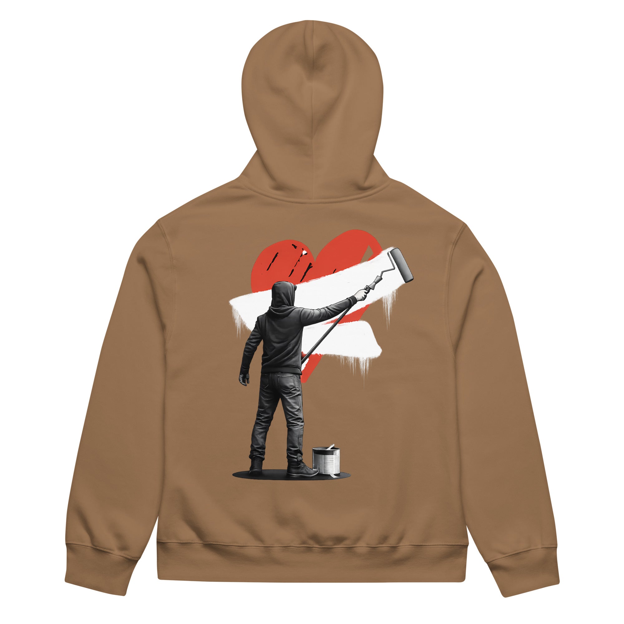 Vintage brown oversized hoodie with red heart street art back graphic