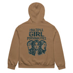 Camel brown women’s oversized hoodie with “Multiple Girl Personalities” back print graphic, streetwear women’s sweatshirt product image.